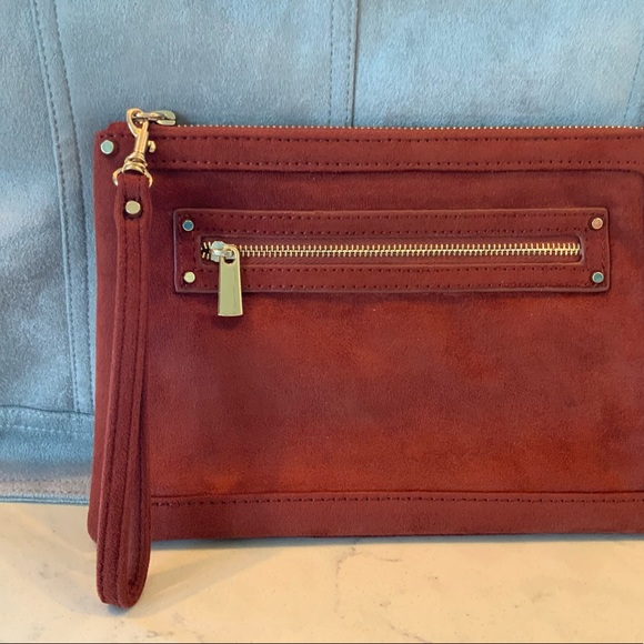 Like New, Express suede rust brown burnt orange wristlet clutch purse wallet